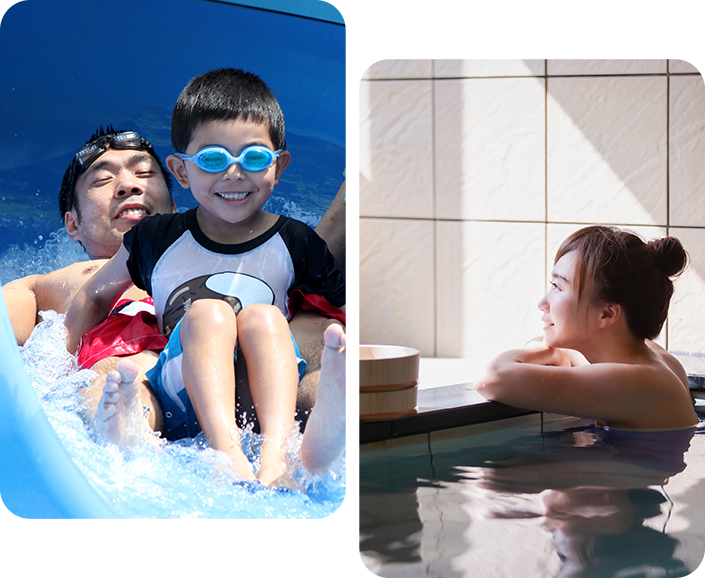 プールで遊ぶ親子と温泉に入る女性