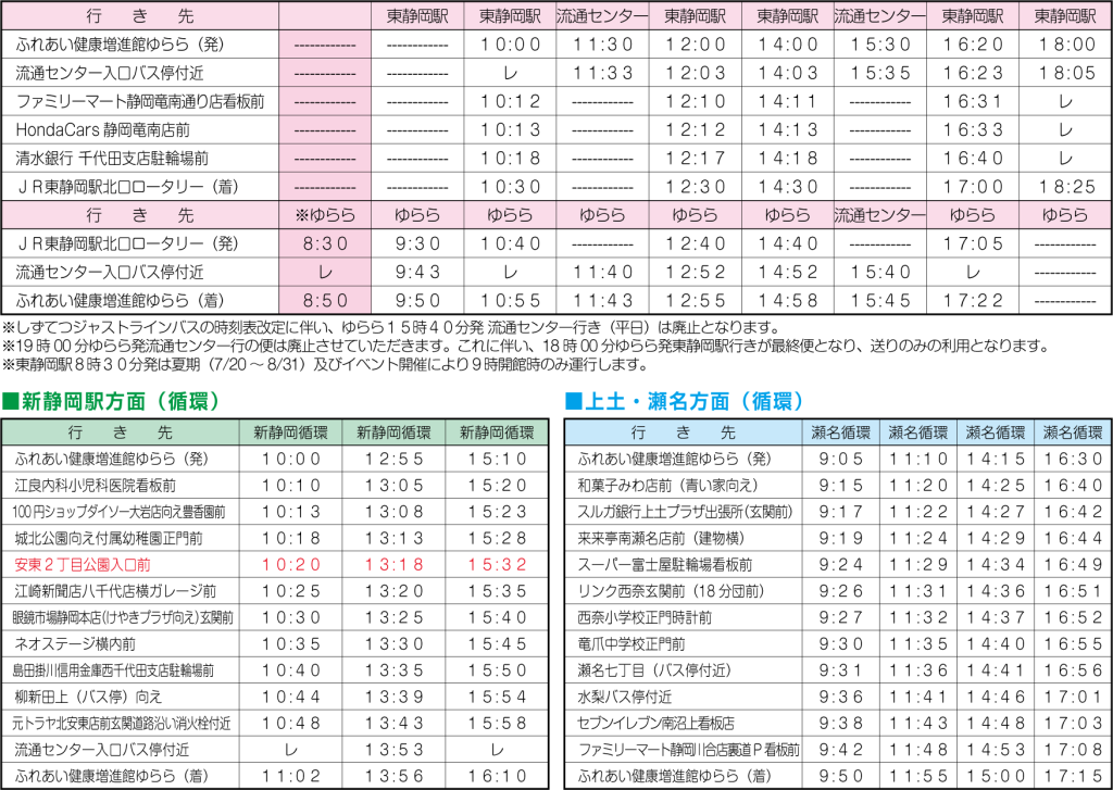 シャトルバスの時刻表